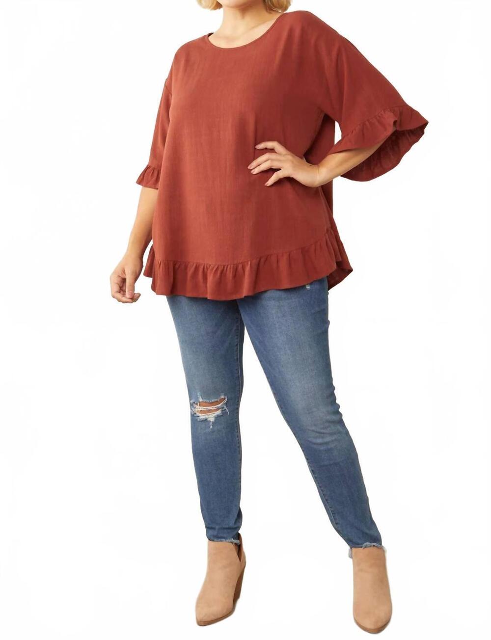 NEW ENTRO tatiana solid scoop neck top in cinnamon